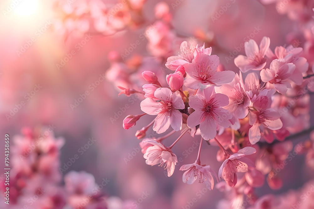 A beautiful cherry blossom sakura garden with pink flowers in full bloom, creating a tranquil and peaceful spring nature background. Suitable for wallpaper, backgrounds, and nature-themed designs.