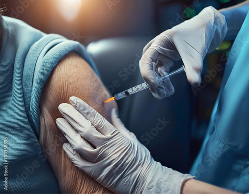 Close nas mãos com luvas, aplicando injeção com vacina no braço de uma pessoa idosa. photo