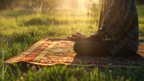 Close-up shot of a Muslim man in prayer on a vibrant prayer rug placed on lush green grass, with sunlight streaming down from the sky, enveloping him in a divine glow as he worship photo