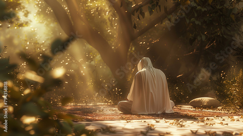 The camera captures the piety and devotion of a Muslim man in prayer on a prayer rug outdoors, bathed in soft sunlight that symbolizes divine guidance and blessings during his nama photo
