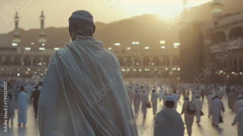 Dramatic slow-motion footage of a Muslim man's pilgrimage to Mecca, capturing the intensity of his spiritual journey and the transformative experience of approaching the holiest si photo