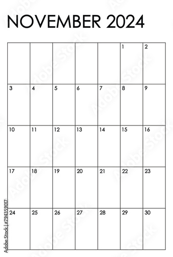 November 2024 month vertical calendar. Simple black and white design