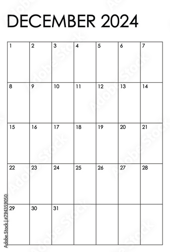 December 2024 month vertical calendar. Simple black and white design