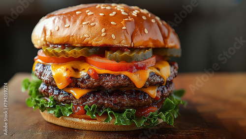 double cheeseburger on a sesame seed bun with pickles, tomatoes, lettuce and red sauce oozing with melted cheese on a wooden board and plain back ground with copy space