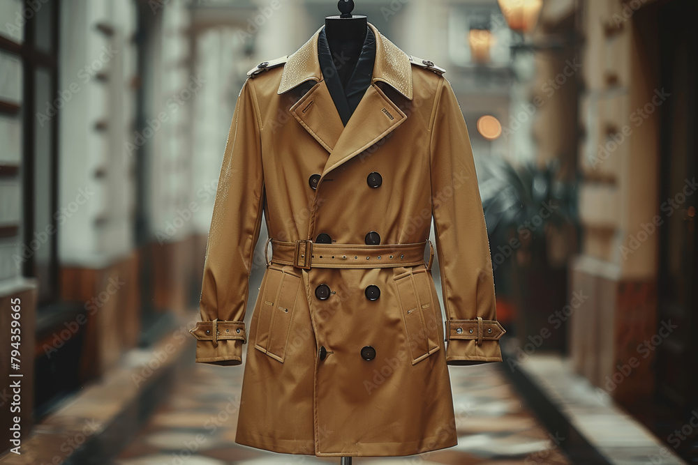 A classic trench coat in beige, offering timeless style and protection from the elements. Concept of outerwear. Generative Ai.