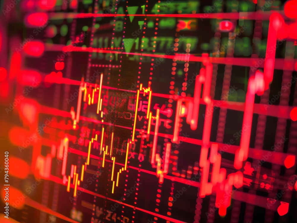 Fototapeta premium Detailed view of a stock market crash chart on a monitor, evoking the risk and tension in financial markets
