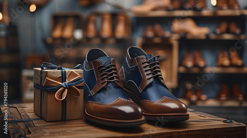 Men's shoes with gift box and bow in masculine blues and browns - perfect for a Father's Day gift or special occasion photo