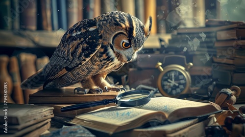 A bespectacled owl, perched on a stack of ledgers with a tiny magnifying glass, meticulously calculates the nights prey, his sharp mind a testament to the power of nocturnal entrepreneurship photo