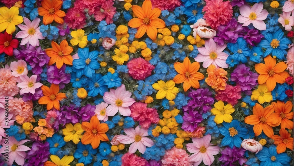 Overhead Shot of a Colorful Floral Carpet, A Vibrant Blooming Floor Background.