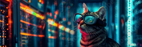 A cat with holographic goggles oversees security for a hightech, neonlit data center, its movements sleek and precise photo