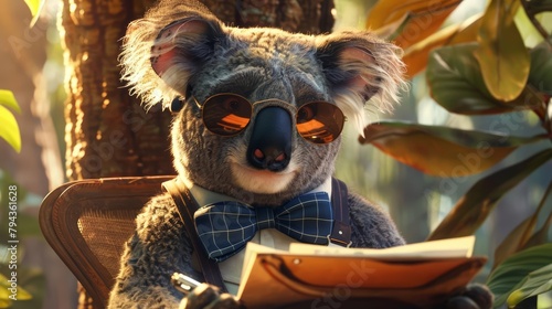 A charismatic koala, sporting a bowtie and a pair of aviator sunglasses, chills in his eucalyptus tree office, dictating emails with a gruff voice and a surprisingly sharp business mind photo