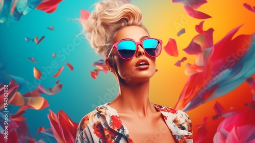 Portrait of a woman with sunglasses on a abstract painted background, summer vibrancy.