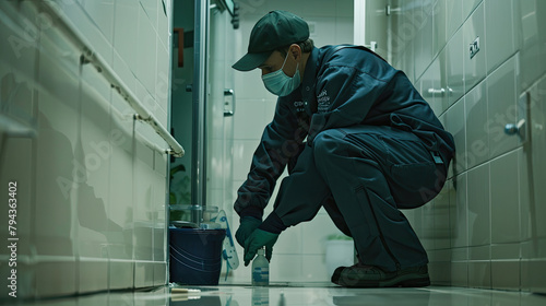 A picture of a pest control worker applying gel bait to crevices in a bathroom to deter cockroach activity