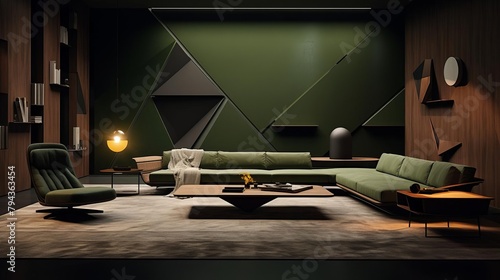 Interior design concept using deep wood and olive green tones, inspired by Suprematism, focusing on clean lines and abstract forms photo