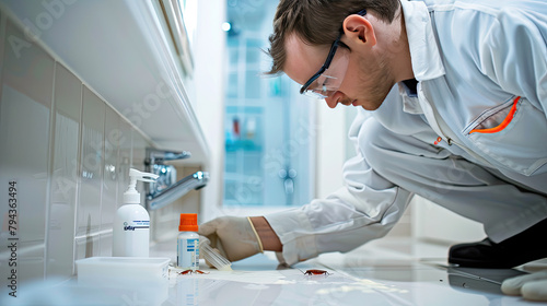 A picture of a pest control worker applying gel bait to crevices in a bathroom to deter cockroach activity photo