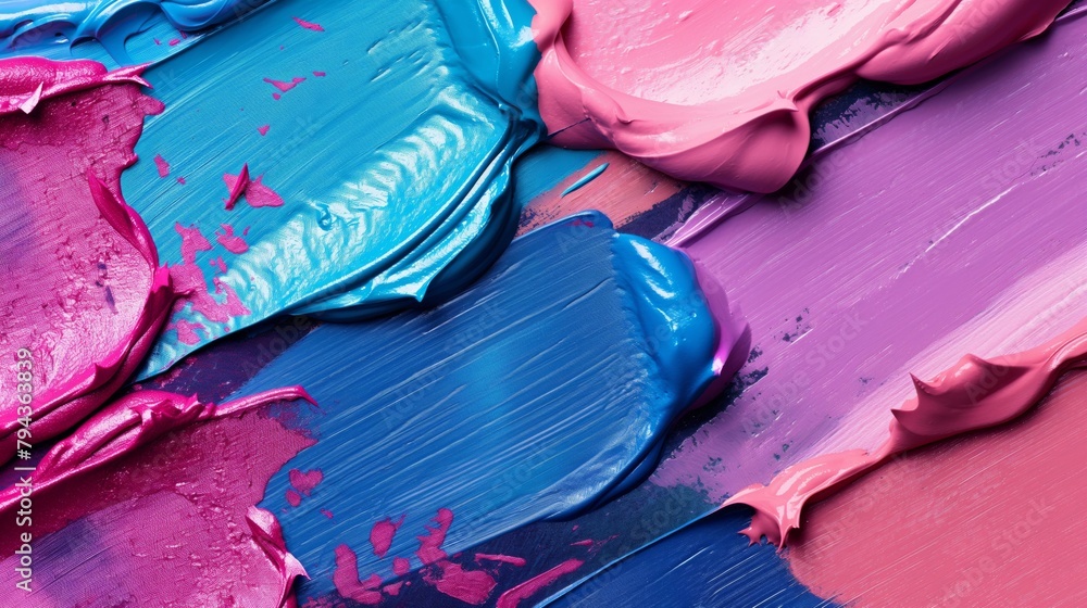 Vibrant and colorful makeup palette background with abstract texture and artistic swatches of pink and blue cream smears. Perfect for cosmetics. Beauty. Fashion. Skincare
