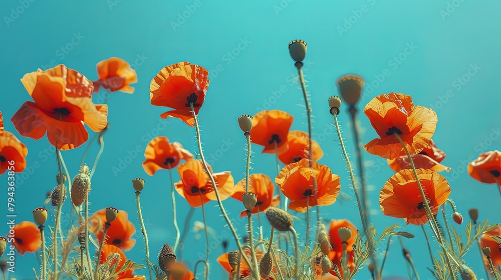 Obraz premium Delicate Red Poppies Clear Blue Sky Contrast