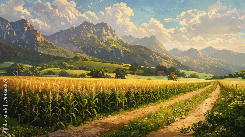Bathed in the summer sun against the picturesque backdrop of the mountainous countryside a vast expanse of maize corn fields sprawled elegantly painting a scene of rustic beauty