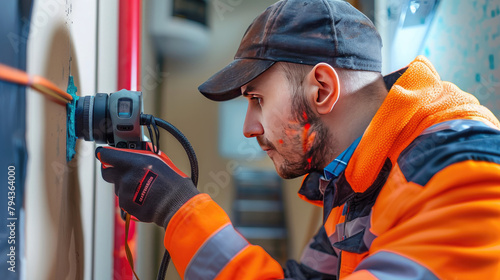 A technician using a thermal imaging camera to identify hidden pest problems in a flat photo