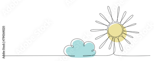 Sun and cloud - hand drawing one single continuous line banner. Vector stock illustration isolated on white background for design template weather forecast, travel blog. Editable stroke. 