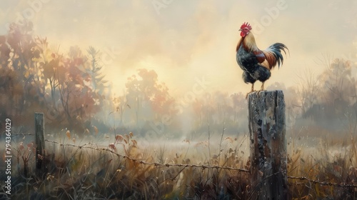 A rooster perched on a weathered fence post crows at dawn in a landscape bathed in the soft light of morning The oil painting captures the quiet beauty of the farmyard awakening to a new day photo