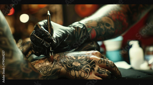 A tattoo artist is drawing a tattoo on a man's arm
