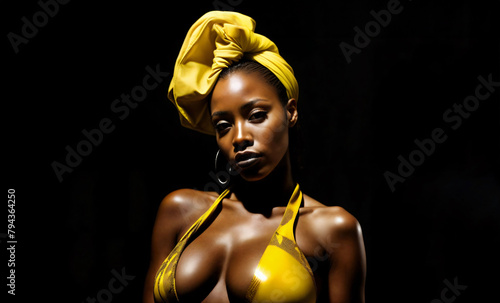 African american model with a yellow turban matching yellow bikini against a black background. Copy space