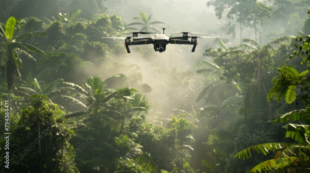 In the midst of a dense jungle a drone hovers above a hidden encampment providing vital surveillance data to military personnel. .