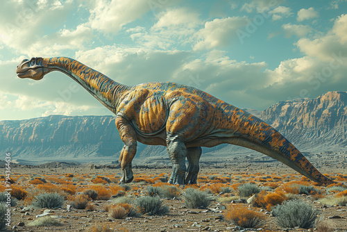 A majestic Sauroposeidon  with its immense size and long neck  towering over the ancient landscape as the largest dinosaur of its time. Concept of colossal herbivore. Generative Ai.