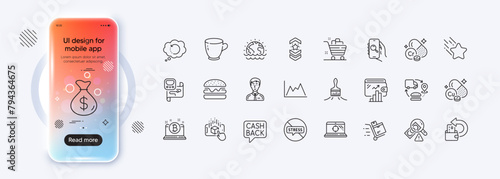 Businessman person, Metro map and Chromium mineral line icons for web app. Phone mockup gradient screen. Pack of Shoulder strap, Diagram, Seo laptop pictogram icons. Vector