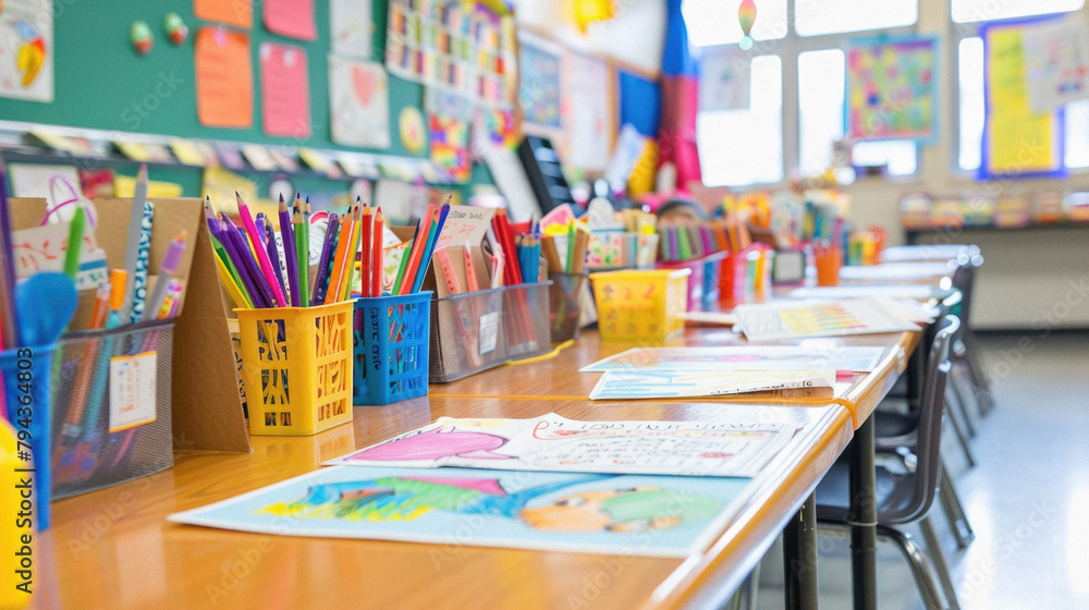 A classroom with a table full of art supplies and a poster on the wall A classroom with a table full of art supplies and a poster on the wall
