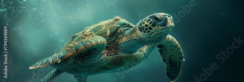 A wise old sea turtle  adorned with barnacles like tiny trophies  navigates by the stars  its ancient wisdom guiding it through the vast underwater expanse