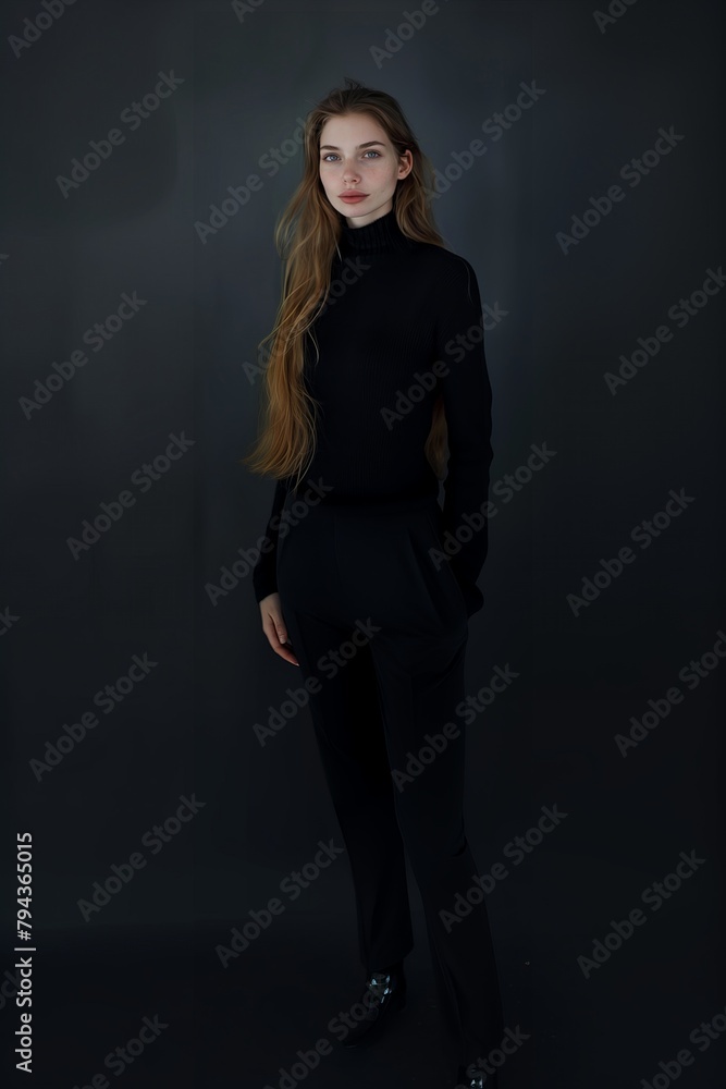 European woman in black clothes on a dark background. Authentic image of an attractive woman. European woman in black clothes on a dark background. Authentic image of an attractive woman.