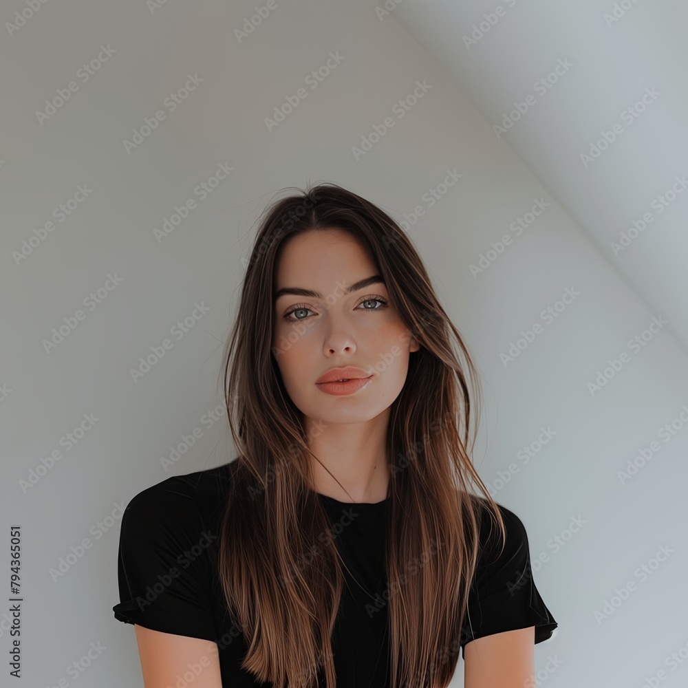 Obraz premium European woman in black clothes on a gray background. Authentic image of an attractive woman.