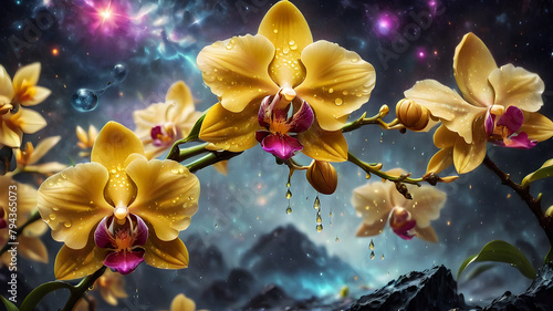 colorful yellow orchid flower on abstract space background. bright flowers. oil illustration