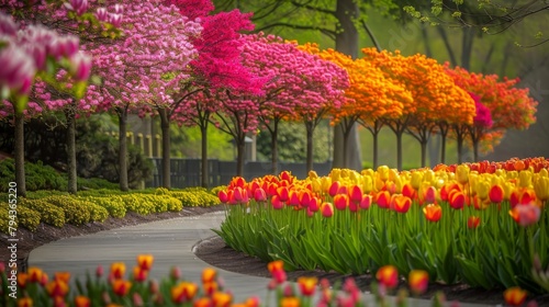 pathway surrounded by vibrant and diverse flowers, creating a stunning display of colors and patterns, row of vibrant tulip trees in a city park #794365220