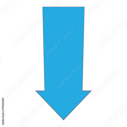 Blue large backward or down pointing solid long arrow icon sketched as vector symbol . 