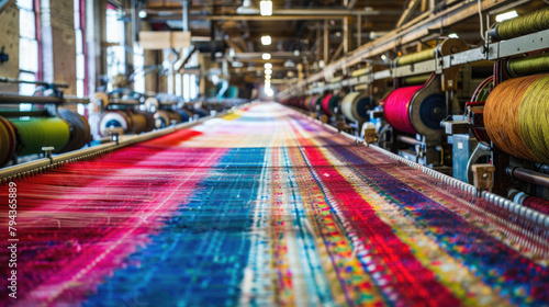 A long row of colorful threads are being woven together in a factory photo