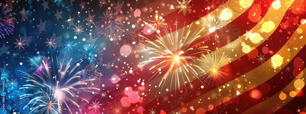 Fototapeta premium Explosive fireworks lighting up the sky against the background of the American flag, symbolizing the celebration of American Independence Day