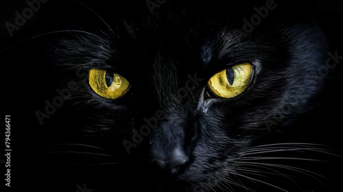 Black cat on black background with bright yellow eyes