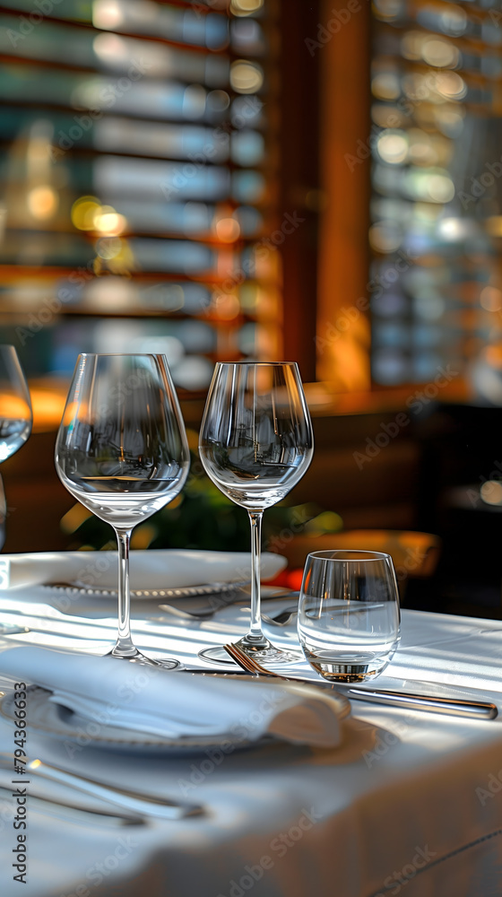 Sophisticated table setting in a high-end restaurant featuring sparkling wine glasses and elegant tableware against a backdrop of wine bottles.
Sophisticated table setting in a high-end restaurant featuring sparkling wine glasses and elegant tableware against a backdrop of wine bottles.