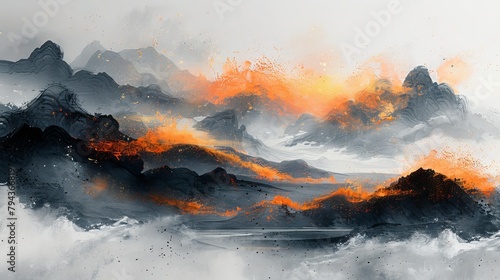 Wallpapers, posters, cards, murals, prints...........New Chinese style wallpaper, wind wallpaper, Chinese ink wash, landscape painting, golden brushstrokes, paintings.
