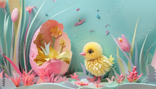 In a whimsical papercut scene, a fluffy chick, meticulously crafted from pastel paper, bursts from a brightly colored egg, its tiny eyes wide with wonder at the Easter festivities photo