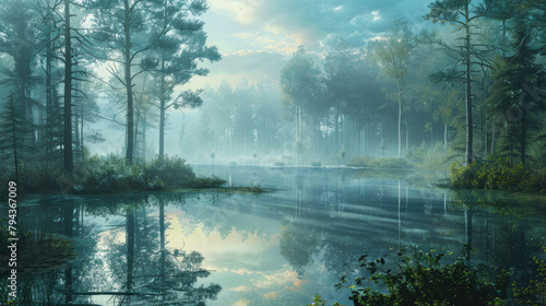 A serene forest scene with a calm lake and trees reflecting the sky