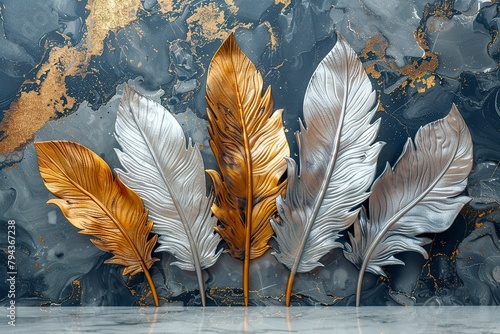 3 panel wall art, marble background with golden and silver feather designs, Teal Flower Plants