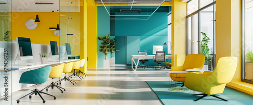 A colorful, contemporary office space with pops of bright teal and yellow against a backdrop of clean lines and minimalist furnishings, with plenty of copy space.