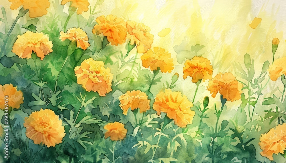 Marigolds glow like little suns, casting warm, golden light across a charming watercolor scene, kawaii, bright water color