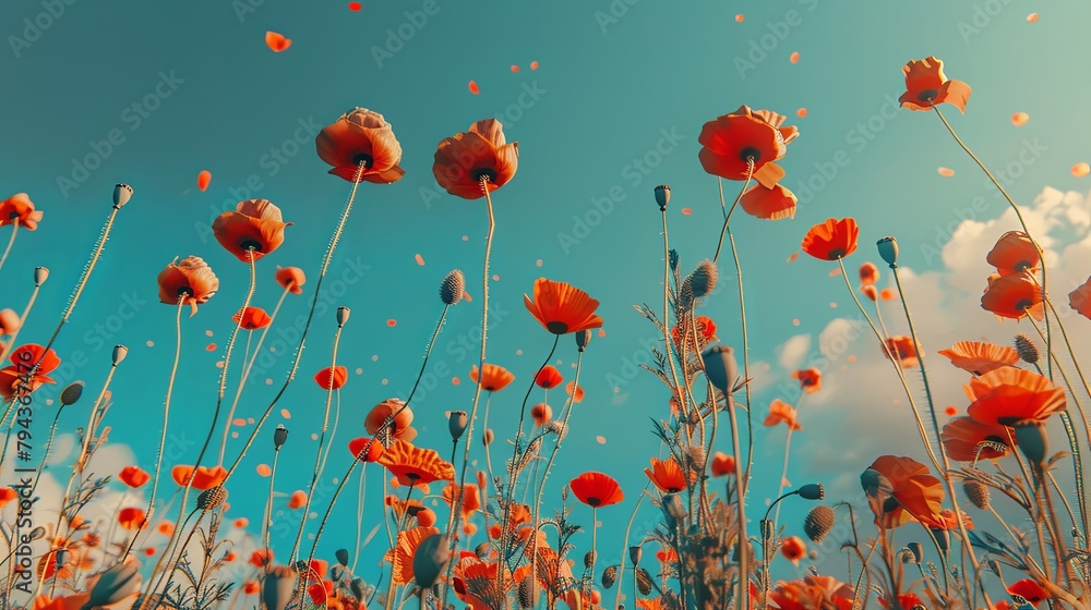 Obraz premium Delicate Red Poppies Clear Blue Sky Contrast