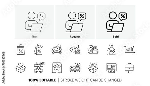 Difficult stress, Donation and Discount tags line icons. Pack of Business vision, Change money, Post package icon. Currency, Atm, Online discounts pictogram. Chart, Credit card, Vip ticket. Vector