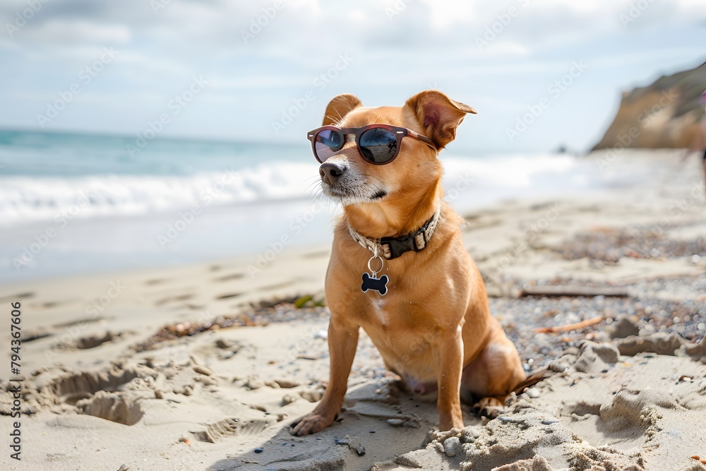 dog with sunglasses enjoying the day on the beach, vacation or holiday summer concept dog with sunglasses enjoying the day on the beach, vacation or holiday summer concept